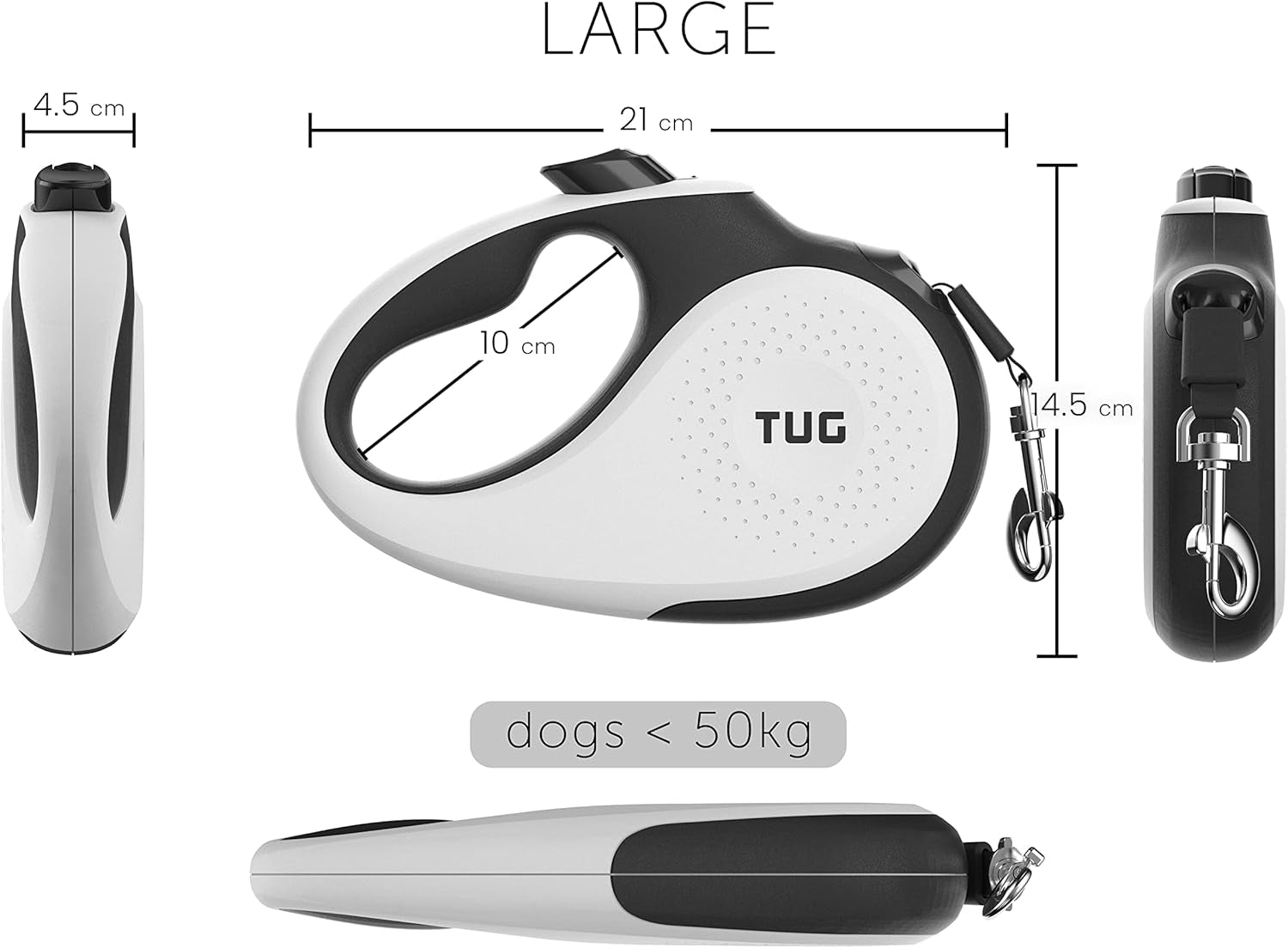 360° Tangle-Free Retractable Dog Lead for up to 50 Kg Dogs | 5 M Strong Nylon Tape | One-Handed Brake, Pause, Lock (Large, White)