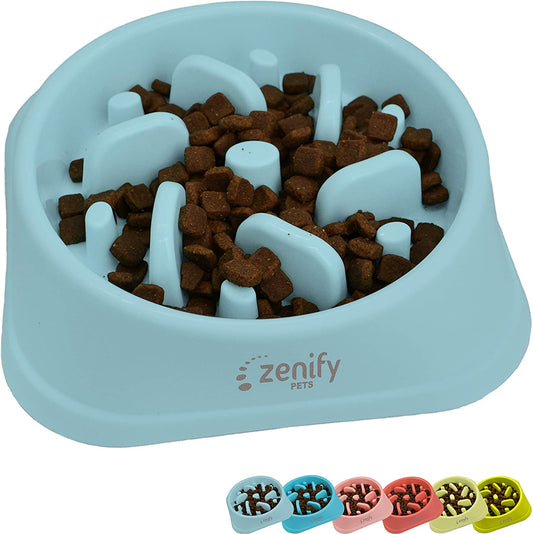 Zenify Dog Bowl Slow Feeder - Large 500Ml Healthy Eating Pet Interactive Feeder with Anti-Skid Non-Slip Grip Base to Reduce Overeating Bloating Vomiting Obesity for Wet Dry Raw Food and Water (Light Blue)