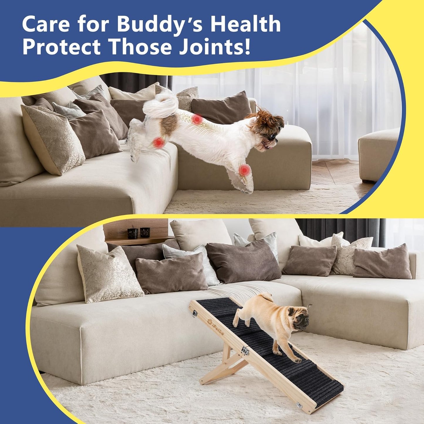 Adjustable Dog Ramp Folding Portable Wooden Pet Ramp for Small Dogs 31.5" Long from 9.5" to 18.5" with Non-Slip 5 Paw Traction Mat Doggie Cat Ramps for Bed Car Sofa Couch (Up to 50 Lbs)