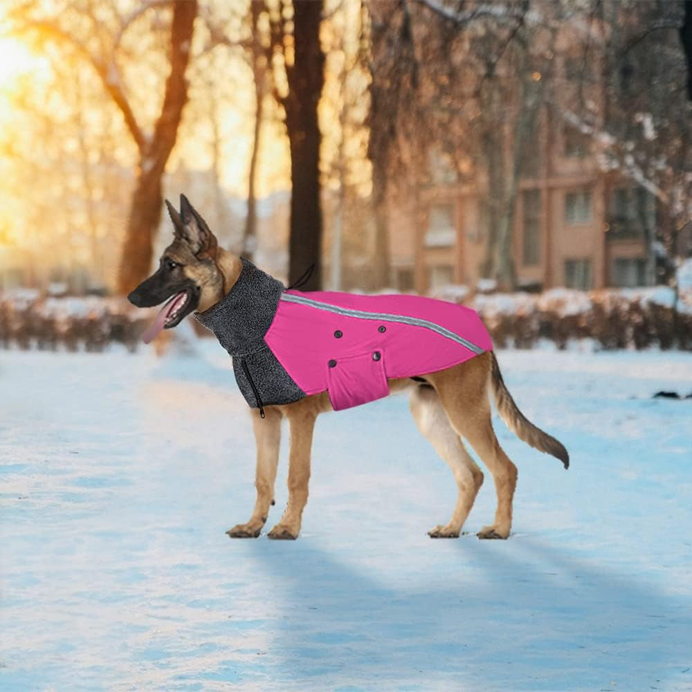 Winter Dog Coat, Warm Polar Fleece Lining Doggie Outdoor Jacket with Turtleneck Scarf Reflective Stripe Adjustable Waterproof Windproof Puppy Vest Soft Pet Outfits (M+, Rose Red)