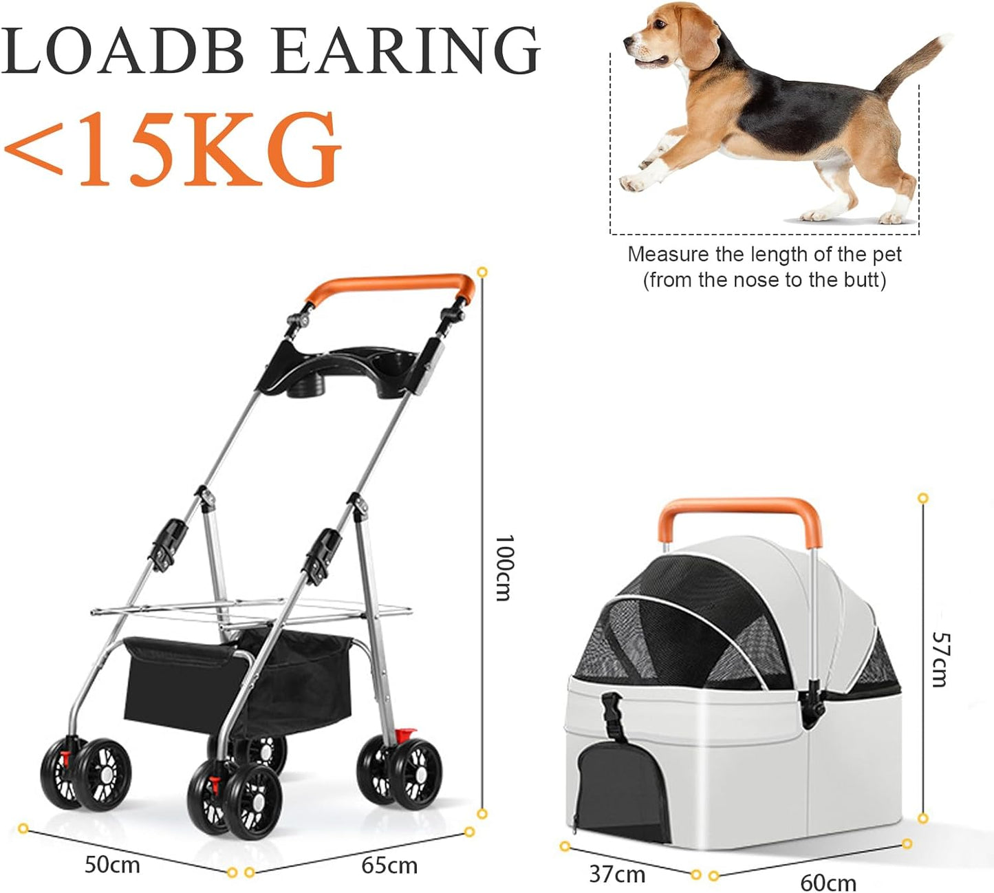 Pet Stroller with 4 Wheels, Foldable Pet Travel Carrier for Medium Small Dogs Cats, Portable Dog Cat Jogger Stroller with Cup Holder, Multifunctional Detachable Pet Travel Stroller (Gery)