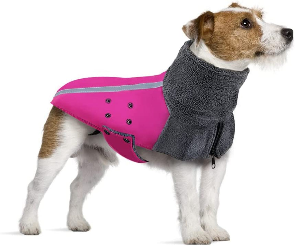 Winter Dog Coat, Warm Polar Fleece Lining Doggie Outdoor Jacket with Turtleneck Scarf Reflective Stripe Adjustable Waterproof Windproof Puppy Vest Soft Pet Outfits (M+, Rose Red)