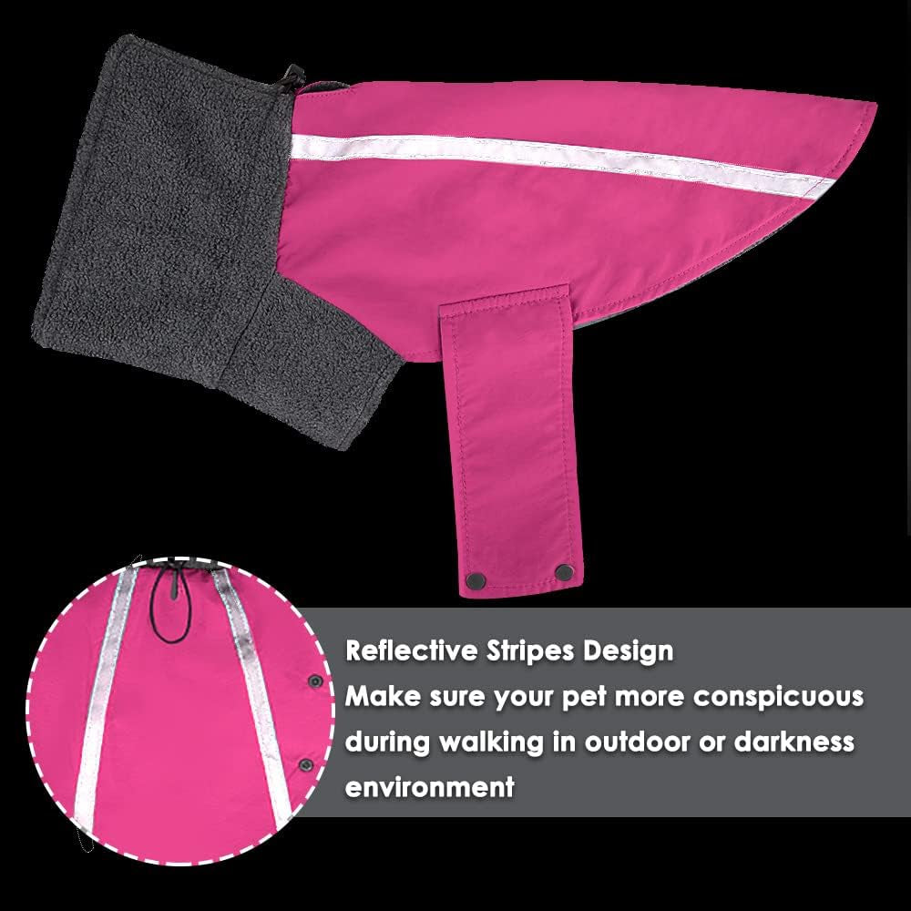 Winter Dog Coat, Warm Polar Fleece Lining Doggie Outdoor Jacket with Turtleneck Scarf Reflective Stripe Adjustable Waterproof Windproof Puppy Vest Soft Pet Outfits (M+, Rose Red)