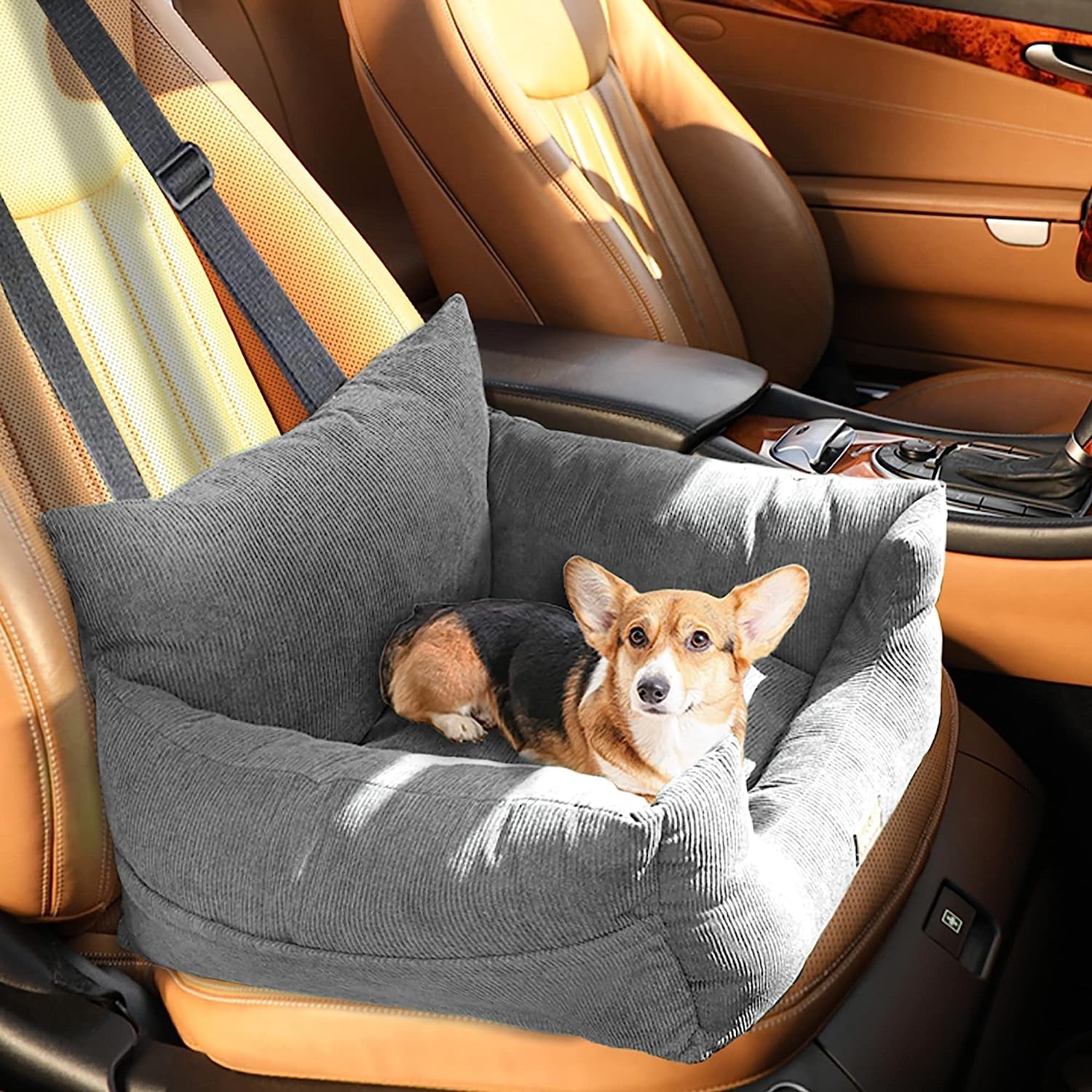 Pet Car Booster Seat Dog Protector Portable Travel Bed Removable Cover Grey M, Dog Car Seat with 2 Side Pocket, Safety Belt, 2 in 1 Pet Booster Seat Convert to Pet Bed for Front Seats