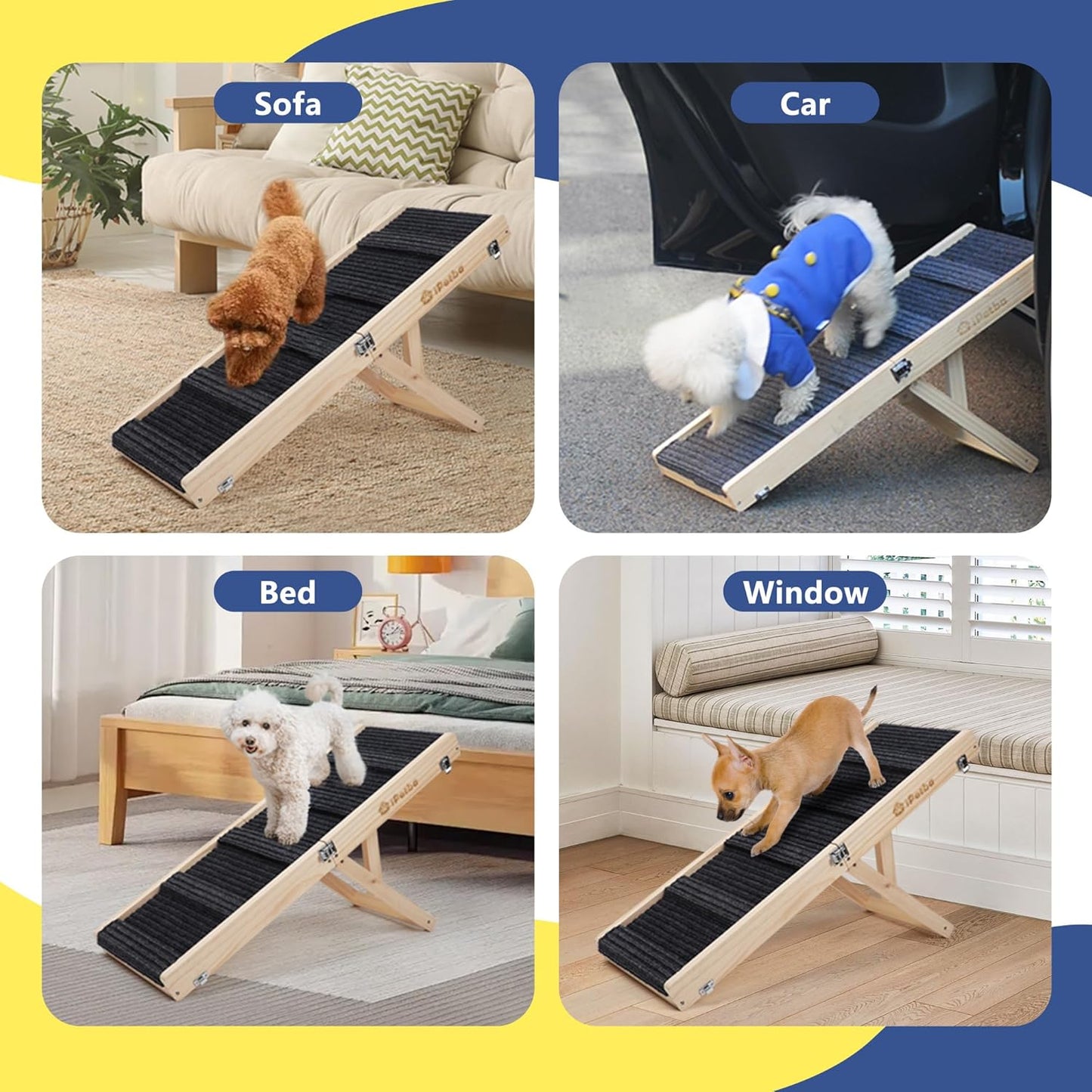 Adjustable Dog Ramp Folding Portable Wooden Pet Ramp for Small Dogs 31.5" Long from 9.5" to 18.5" with Non-Slip 5 Paw Traction Mat Doggie Cat Ramps for Bed Car Sofa Couch (Up to 50 Lbs)