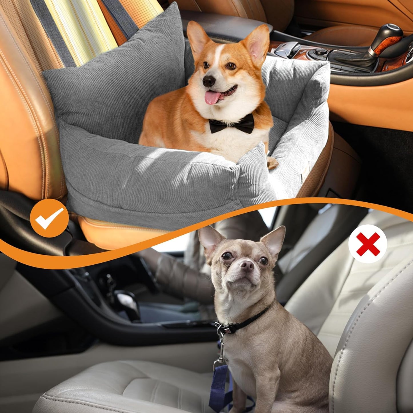 Pet Car Booster Seat Dog Protector Portable Travel Bed Removable Cover Grey M, Dog Car Seat with 2 Side Pocket, Safety Belt, 2 in 1 Pet Booster Seat Convert to Pet Bed for Front Seats