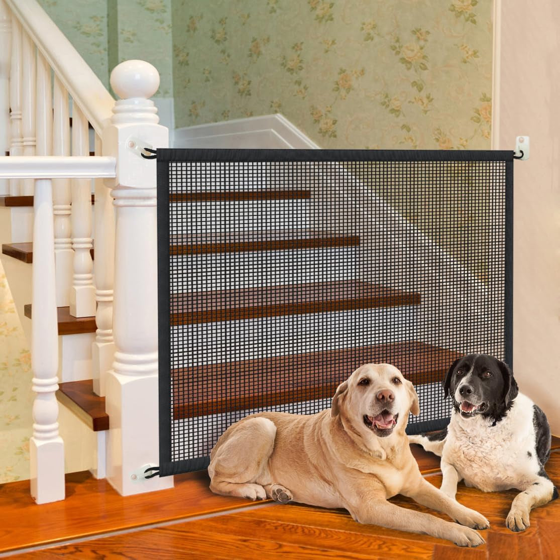 Dog Gate for Stairs Pet Gates for the House: Dogs Screen Mesh Gate for Doorways Stairways Indoor Safety, Black, 29''X38''