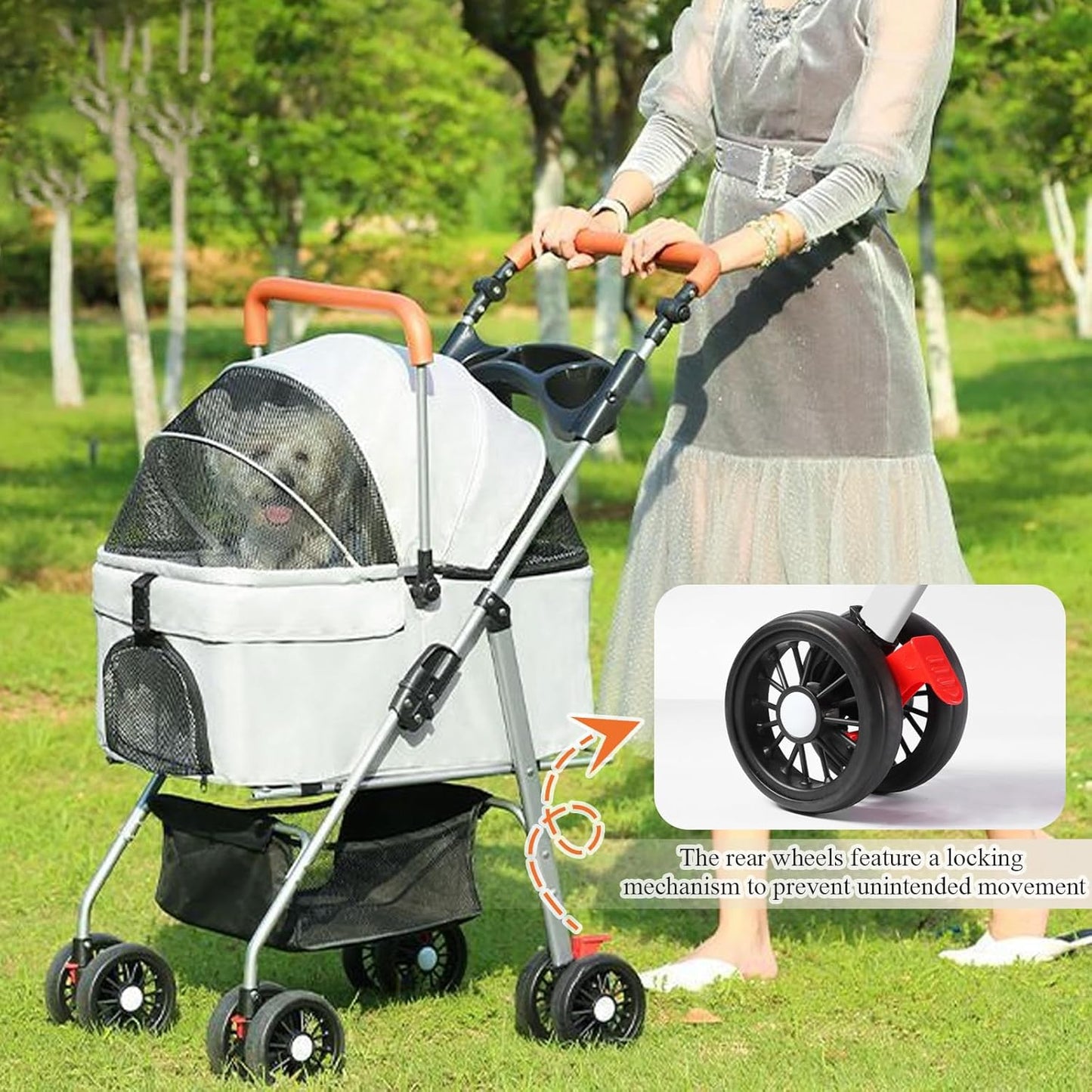 Pet Stroller with 4 Wheels, Foldable Pet Travel Carrier for Medium Small Dogs Cats, Portable Dog Cat Jogger Stroller with Cup Holder, Multifunctional Detachable Pet Travel Stroller (Gery)