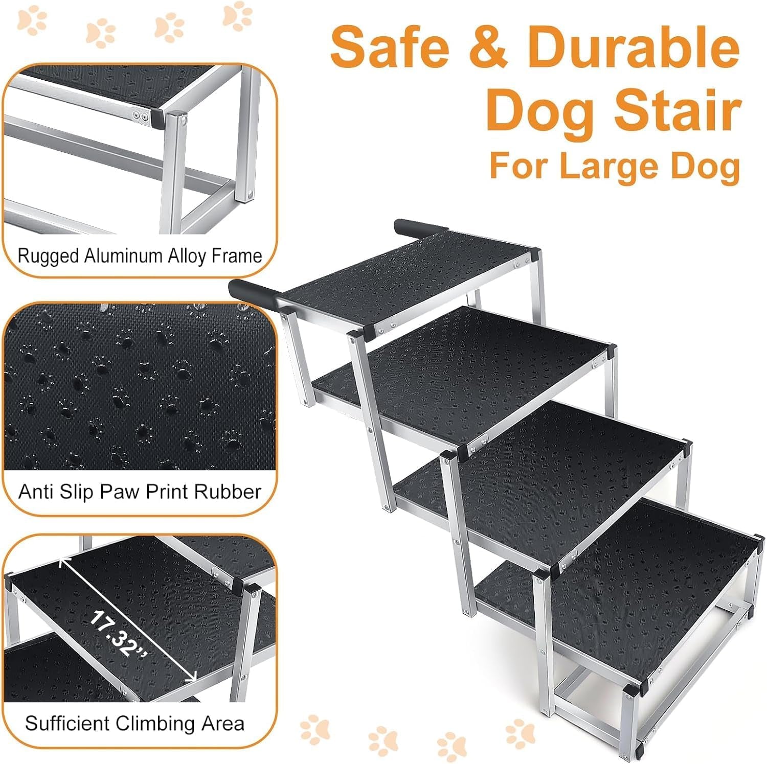 Foldable Dog Car Ramp for Large Dogs, 4 Steps Portable Large Dog Steps for Car Truck SUV High Bed, Aluminum Dog Stairs with Non-Slip Surface, Outdoor Dog Ramp Stairs for Dogs Max up to 200Lbs