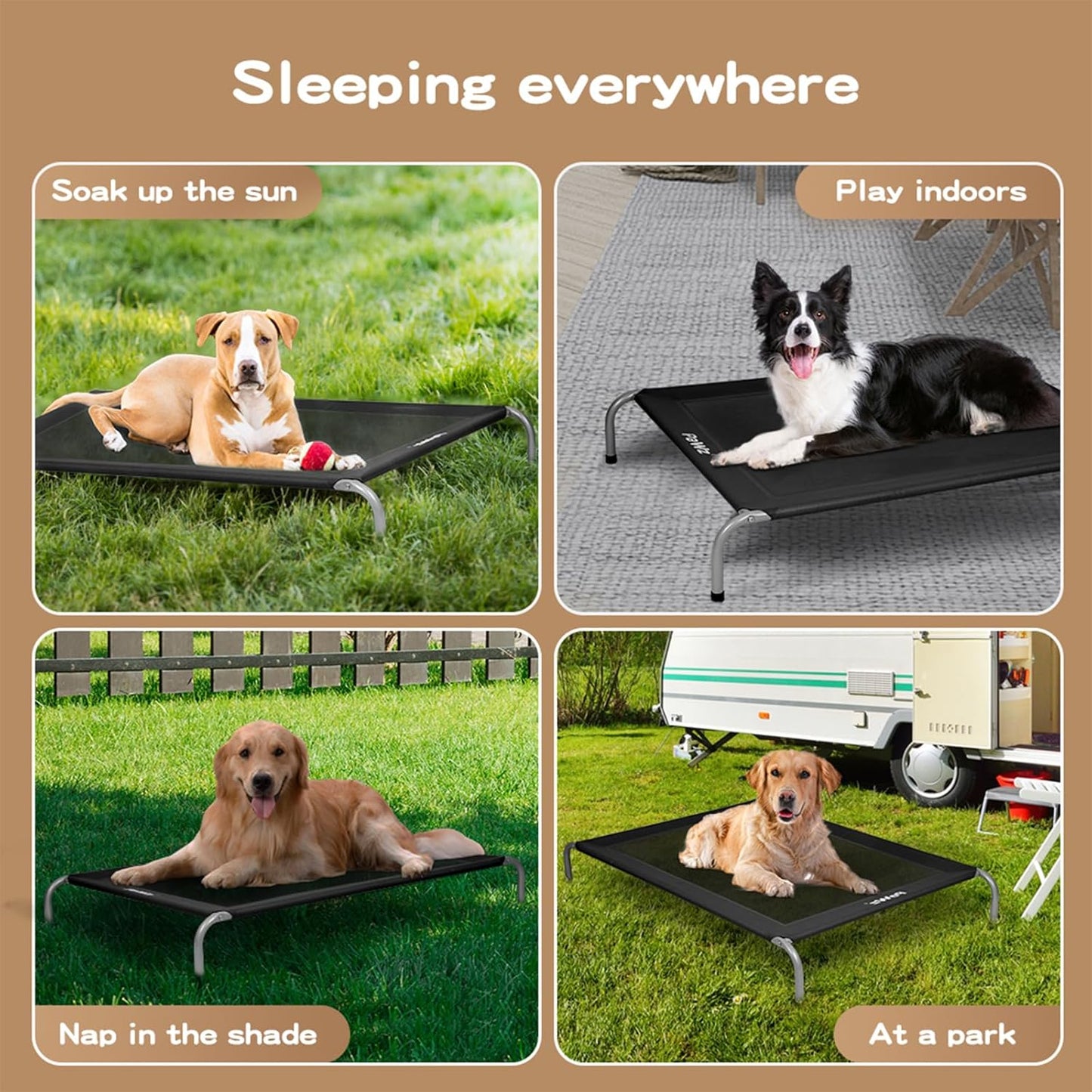 Elevated Dog Beds,Raised Pet Trampoline for Small Large Pets with No-Slip Feet,Durable Supportive Teslin Mesh,Breathable,Indoor and Outdoor Use,Max Capacity 50Kg,Black(105Cmx80Cmx20Cm)