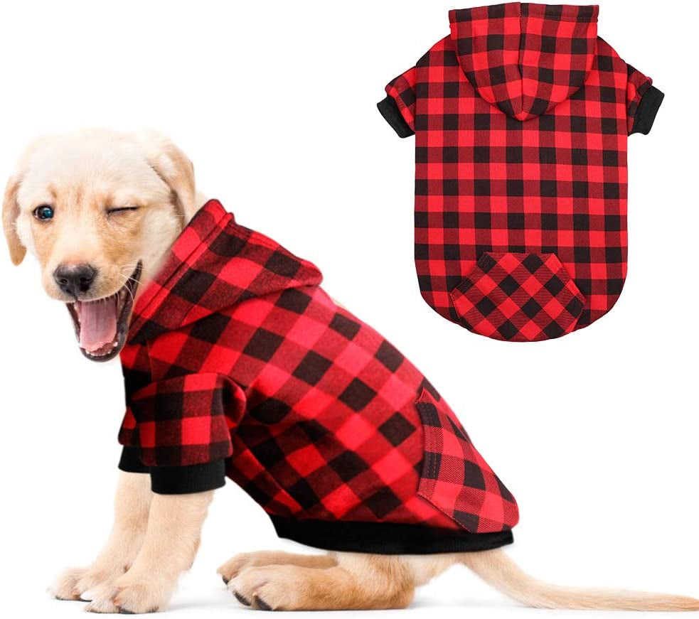 Red Plaid Dog Hoodie Sweater for Dogs Pet Clothes with Hat and Pocket（S）