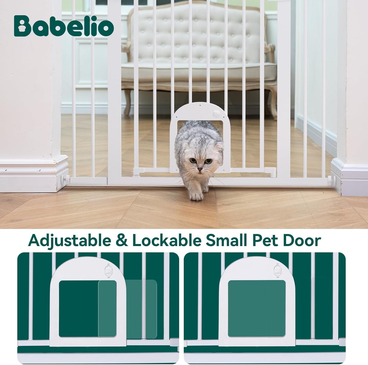 Upgraded Baby Gate with Cat Door, 73.7-109 CM Auto Close Durable Dog Gate for Stairs, Doorways and House, Easy Walk Thru Safety Gate with Pet Door Includes 4 Wall Cups, White