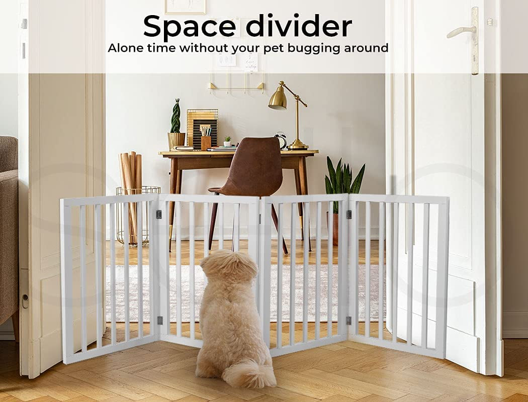 Portable Door Retractable Barrier 4-Panel Wooden Pet Fence White, Dog Gate Freestanding for Indoor Outdoor, Foldable Dog Gates for Doorways, No Drill Pet Barrier 185Cm X 60.5Cm