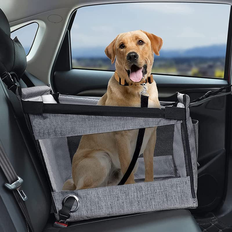 Dog Car Seat for Pet Travel with Waterproof Pad, Half Seat Dog Hammock,Harness Hook, Breathable Mesh, Adjustable Backseat Safety Belt (Gray) (Gray)