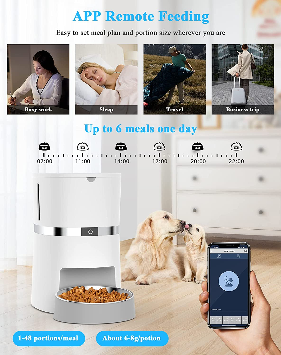 Automatic Cat Feeder,  Timed Pet Feeder Dry Food Dispenser for Cats & Dogs with Desiccant Bag, Programmable Portion Control, 10S Meal Call,1-6 Meals per Day, Dual Power, Stainless Bowl (S36)