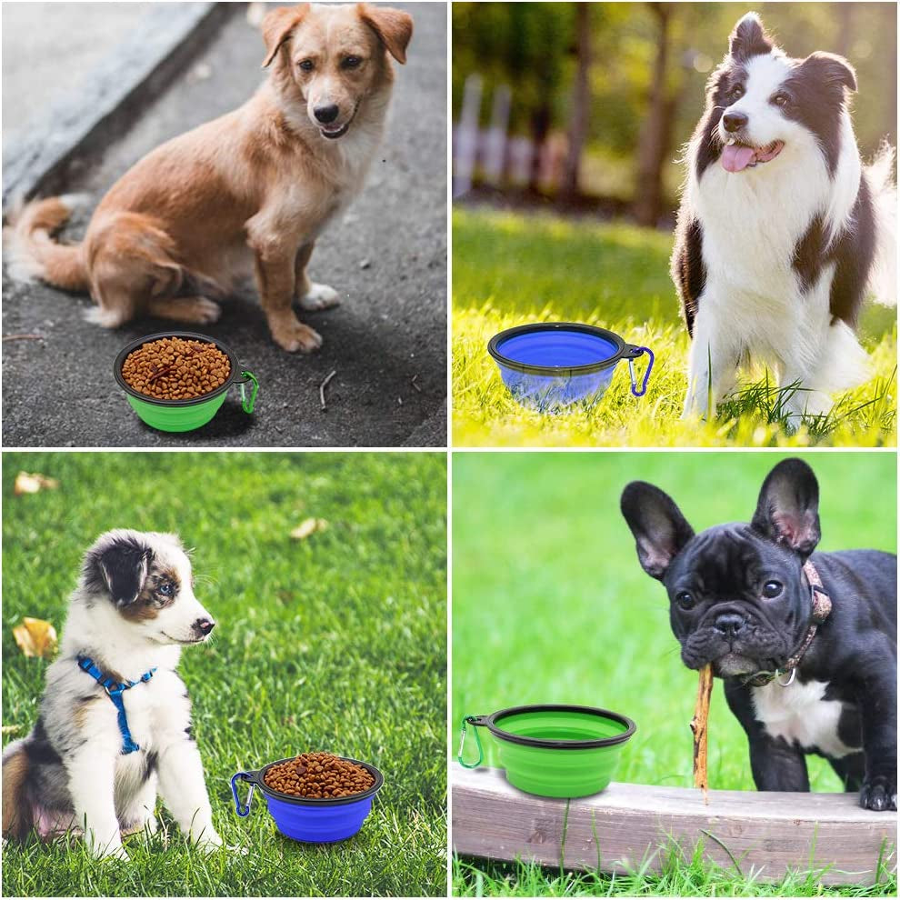 Collapsible Dog Bowl, 2 Pack Collapsable Dog Water Bowls for Cats Dogs, Portable Pet Feeding Watering Dish for Walking Parking Traveling with 2 Carabiners (Small, Blue+Green)