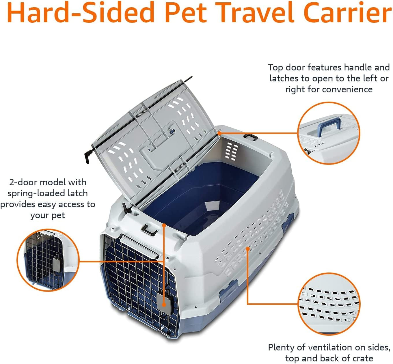 2-Door Top Load Hard-Sided Dog and Cat Kennel Travel Carrier, 58 Centimeters