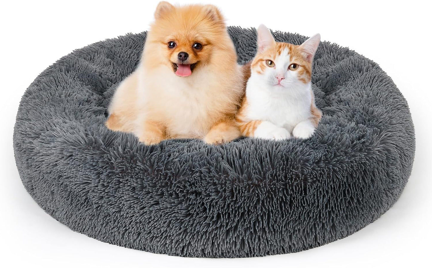 Dog Calming Donut Bed, Fluffy Plush Pet Bed Pillow Sofa Bed for Puppy Small Dogs Cats, anti Anxiety Pet Bed Cuddle round Cushion with Non-Skid Bottom Washable, 60CM, Deep Grey