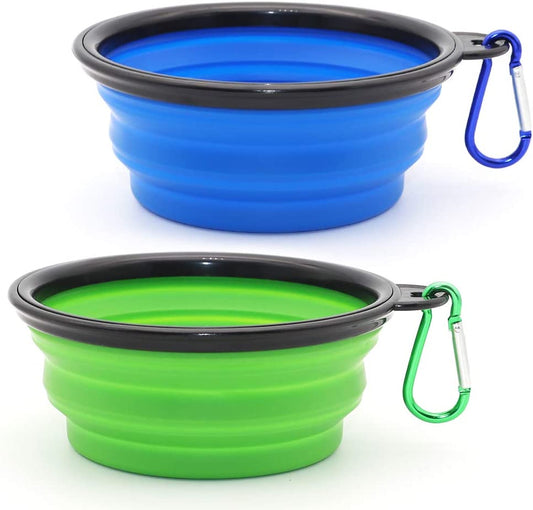 Collapsible Dog Bowl, 2 Pack Collapsable Dog Water Bowls for Cats Dogs, Portable Pet Feeding Watering Dish for Walking Parking Traveling with 2 Carabiners (Small, Blue+Green)