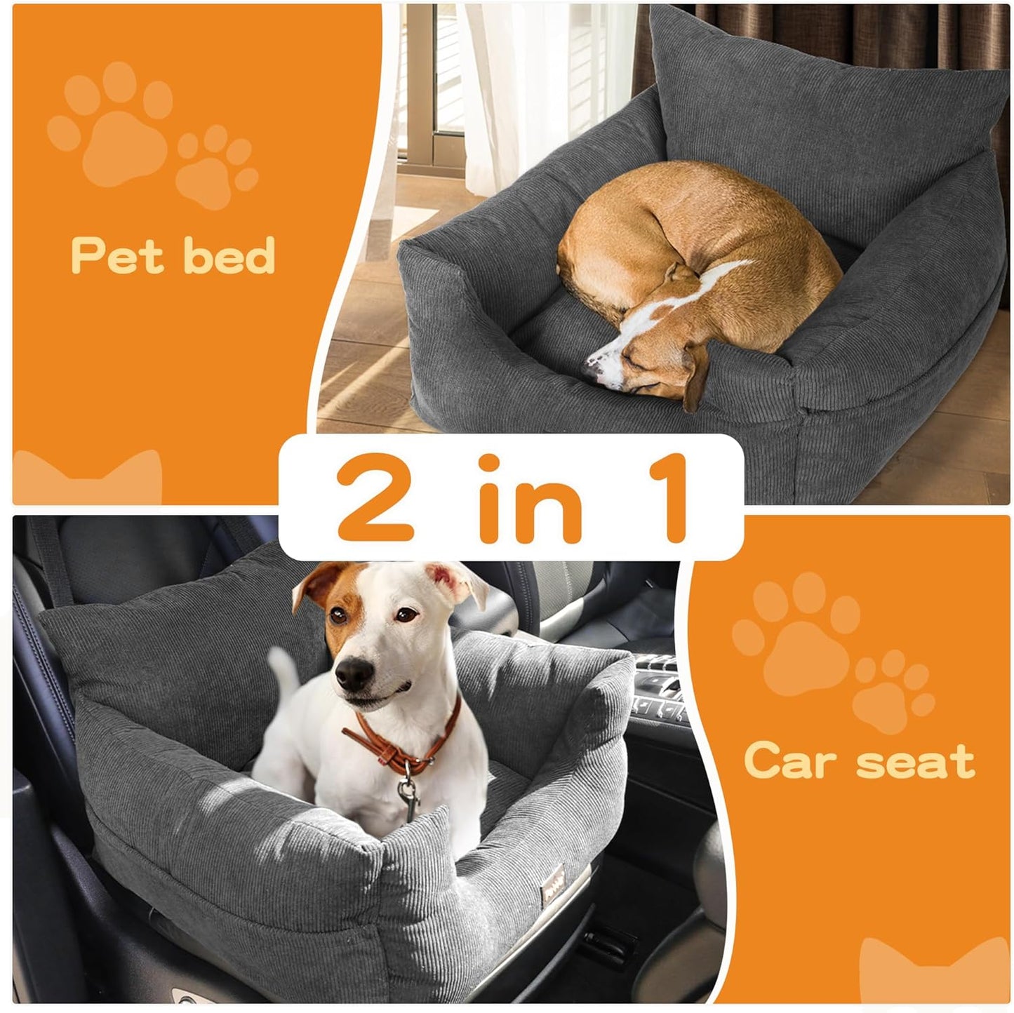 Pet Car Booster Seat Dog Protector Portable Travel Bed Removable Cover Grey M, Dog Car Seat with 2 Side Pocket, Safety Belt, 2 in 1 Pet Booster Seat Convert to Pet Bed for Front Seats