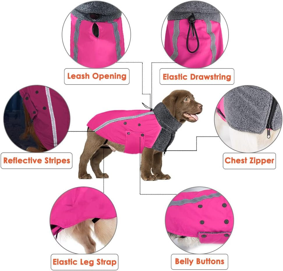 Winter Dog Coat, Warm Polar Fleece Lining Doggie Outdoor Jacket with Turtleneck Scarf Reflective Stripe Adjustable Waterproof Windproof Puppy Vest Soft Pet Outfits (M+, Rose Red)