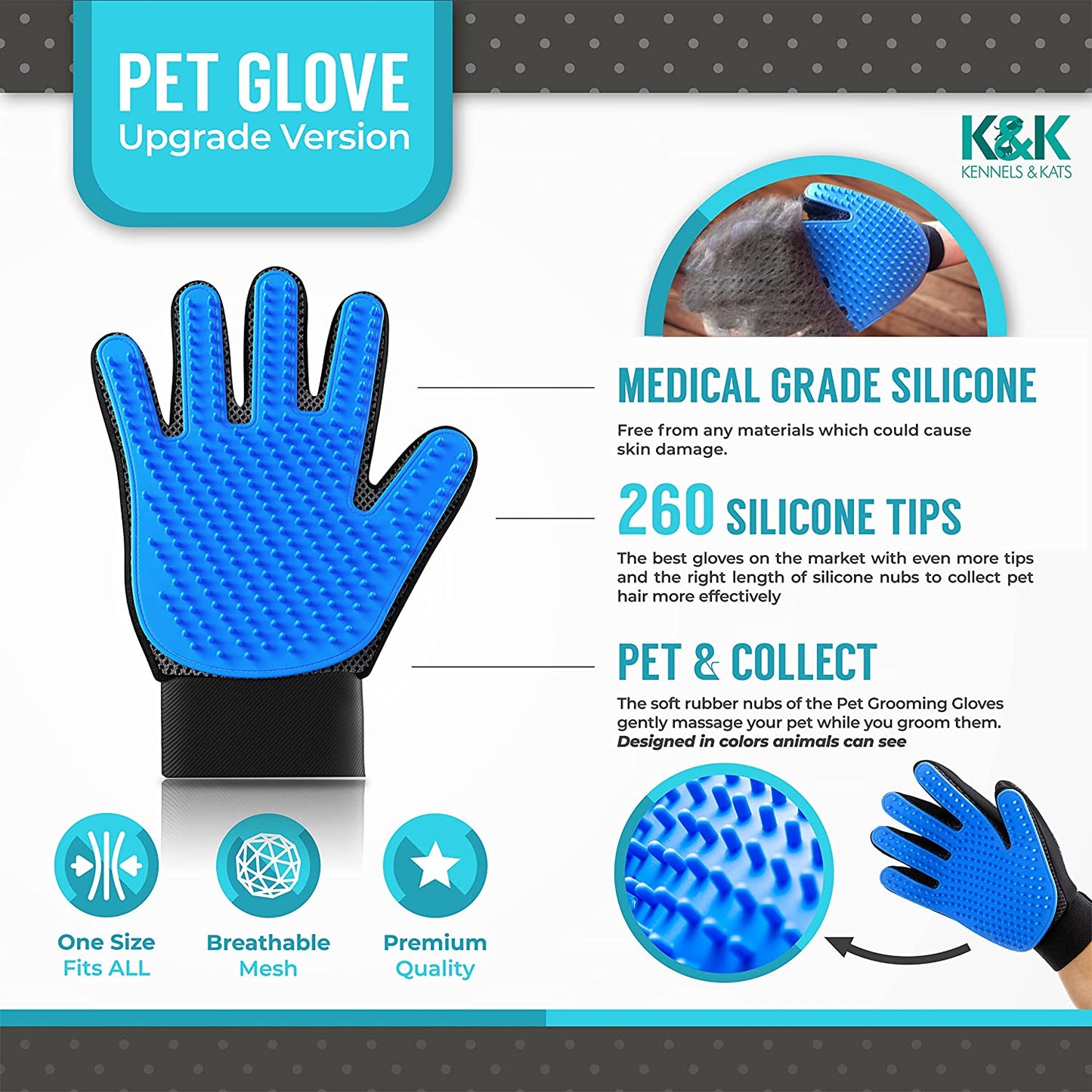 [Premium]K&K Pet Grooming Glove Gift Set. Easy, Mess Free Deshedding for Cat/Dog/Horse. One Pair Gentle BPA Free Mitt+Free Bath Brush for All Pet Hair Removal Needs-For a Clean Home & Happy Fur Babies