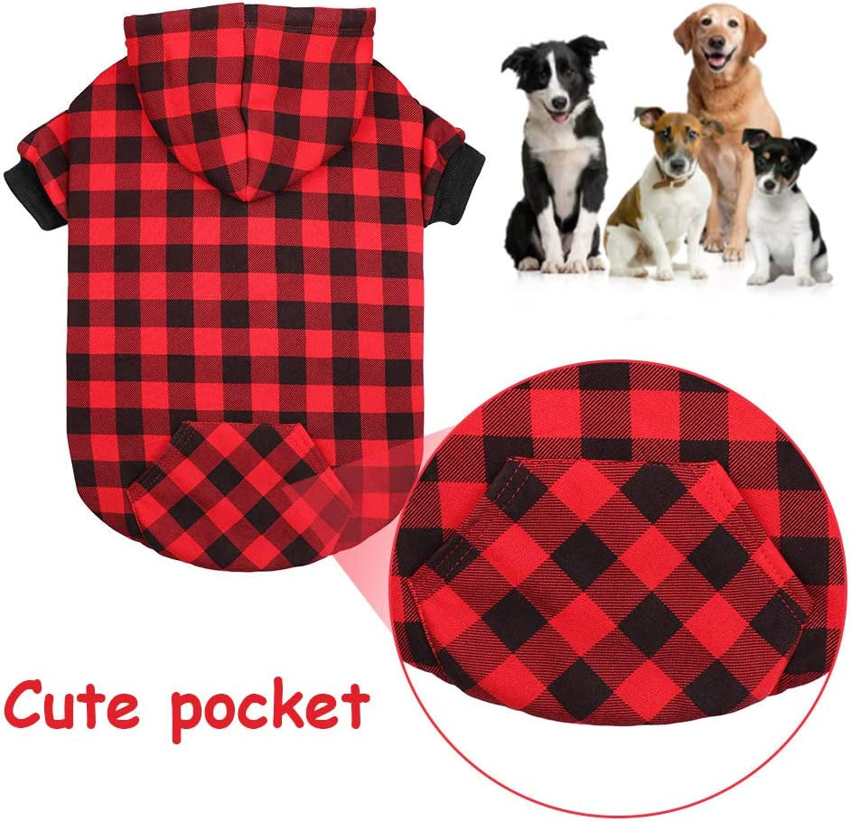 Red Plaid Dog Hoodie Sweater for Dogs Pet Clothes with Hat and Pocket（S）