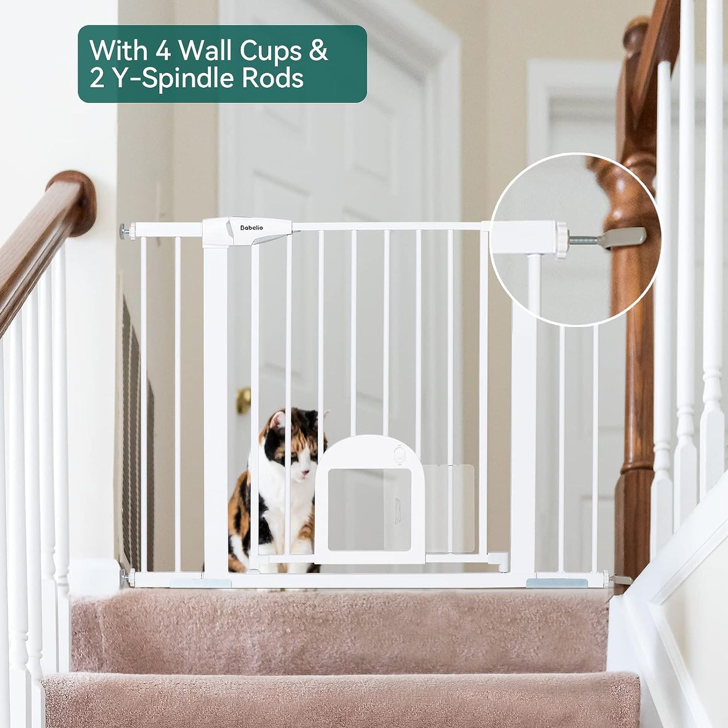 Upgraded Baby Gate with Cat Door, 73.7-109 CM Auto Close Durable Dog Gate for Stairs, Doorways and House, Easy Walk Thru Safety Gate with Pet Door Includes 4 Wall Cups, White