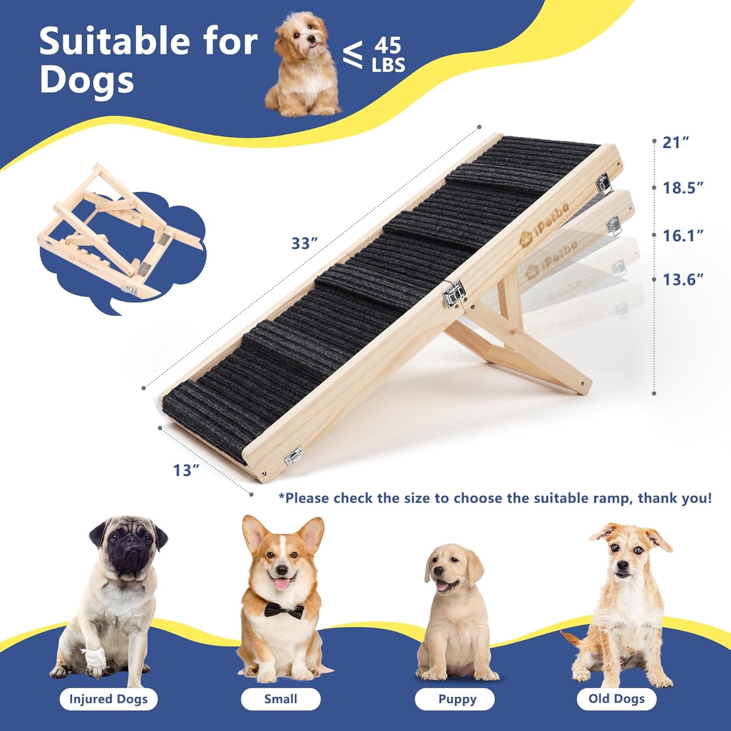 Adjustable Dog Ramp Folding Portable Wooden Pet Ramp for Small Dogs 31.5" Long from 9.5" to 18.5" with Non-Slip 5 Paw Traction Mat Doggie Cat Ramps for Bed Car Sofa Couch (Up to 50 Lbs)