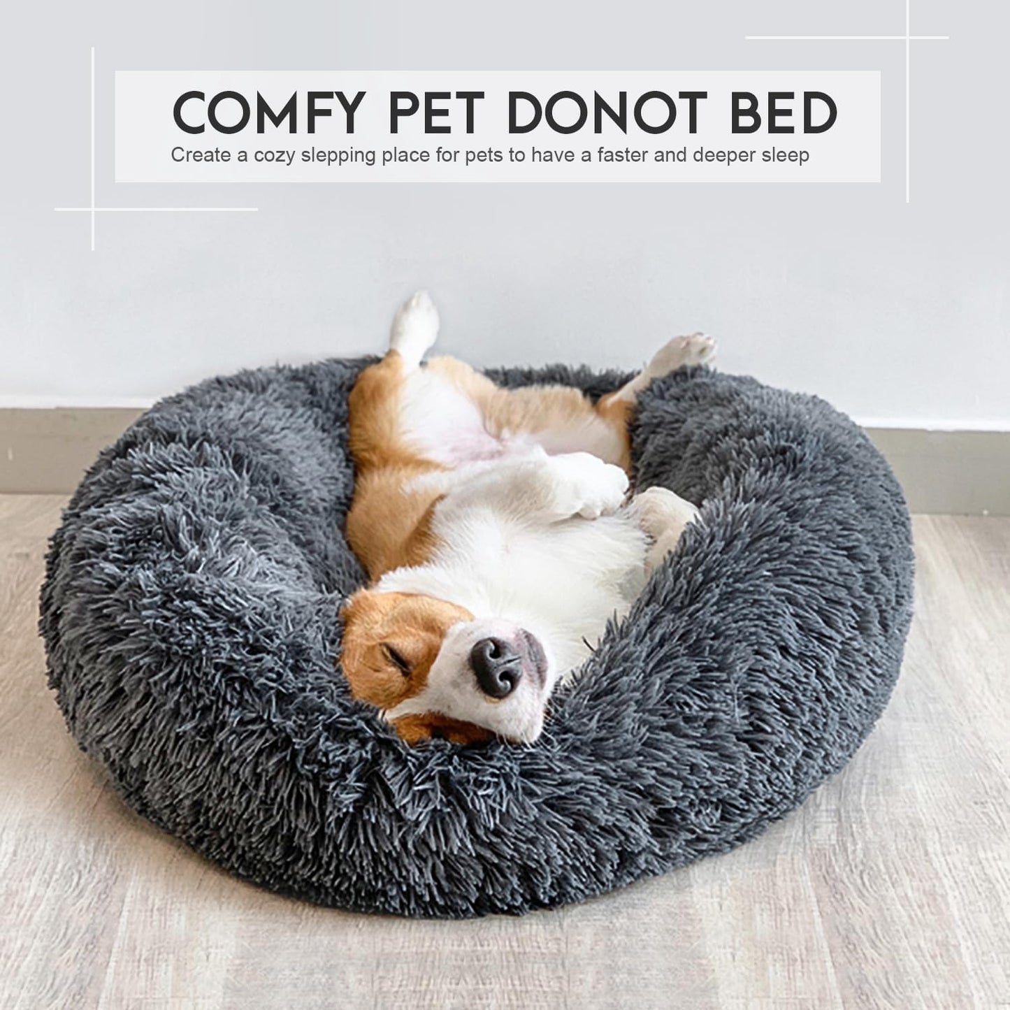 Dog Calming Donut Bed, Fluffy Plush Pet Bed Pillow Sofa Bed for Puppy Small Dogs Cats, anti Anxiety Pet Bed Cuddle round Cushion with Non-Skid Bottom Washable, 60CM, Deep Grey