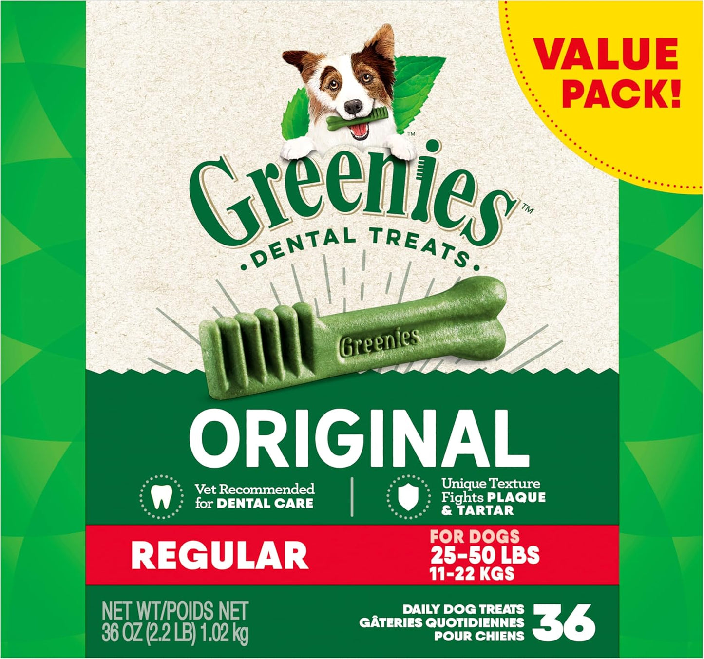 Canine Dental Dog Treats Original Regular 36 Chews Value Pack 1.02Kg