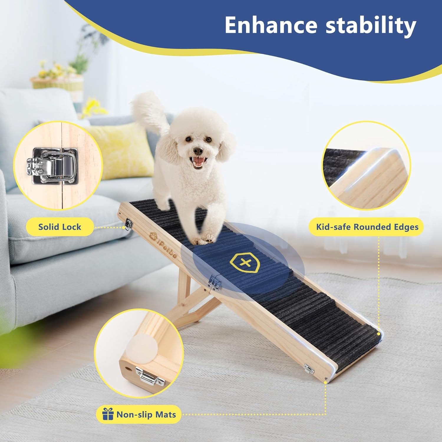 Adjustable Dog Ramp Folding Portable Wooden Pet Ramp for Small Dogs 31.5" Long from 9.5" to 18.5" with Non-Slip 5 Paw Traction Mat Doggie Cat Ramps for Bed Car Sofa Couch (Up to 50 Lbs)