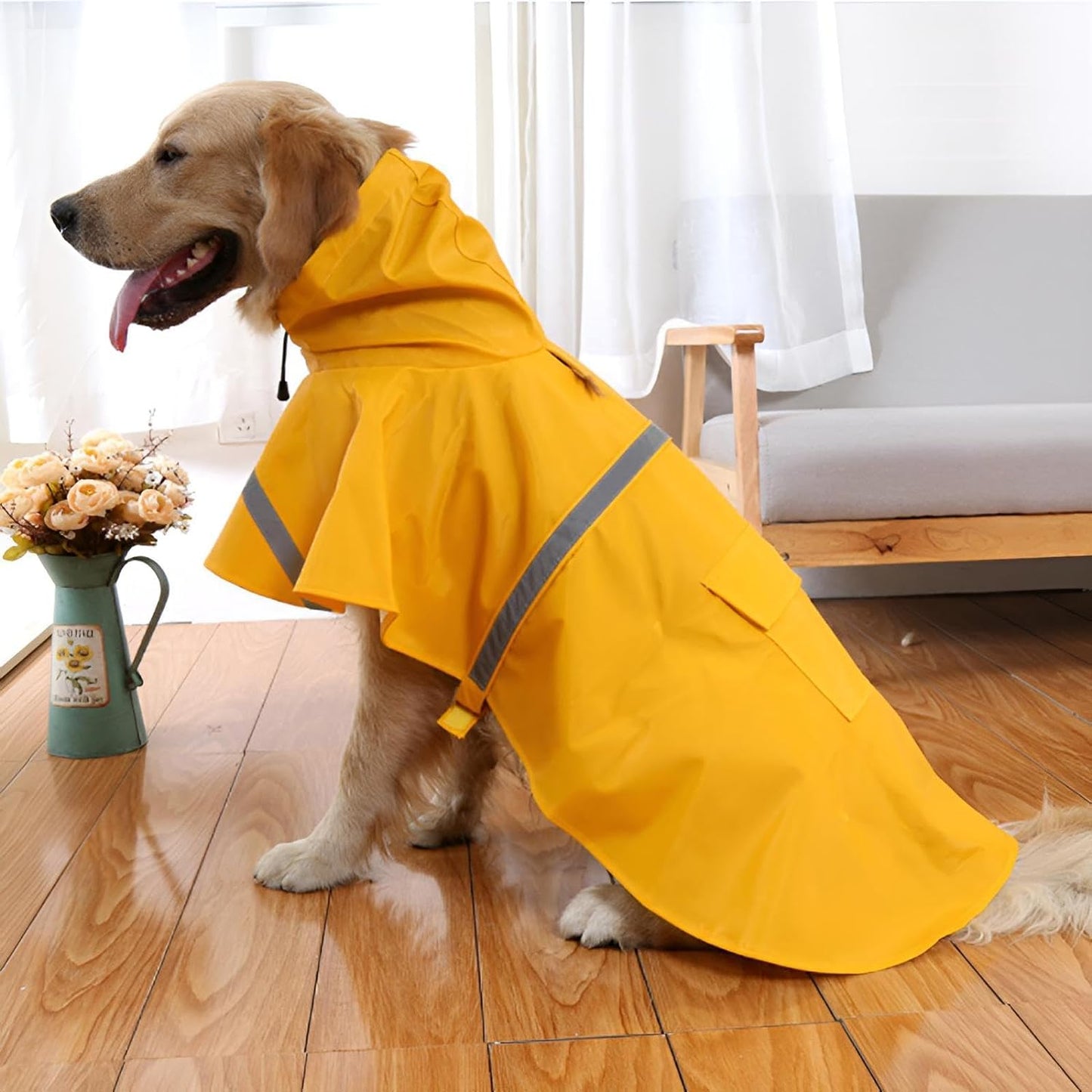 Large Dog Raincoat Adjustable Pet Water Proof Clothes Lightweight Rain Jacket Poncho Hoodies with Strip Reflective (XL, Yellow)