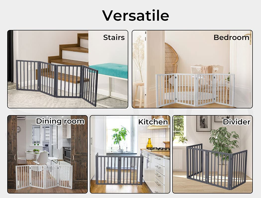 Portable Door Retractable Barrier 4-Panel Wooden Pet Fence White, Dog Gate Freestanding for Indoor Outdoor, Foldable Dog Gates for Doorways, No Drill Pet Barrier 185Cm X 60.5Cm