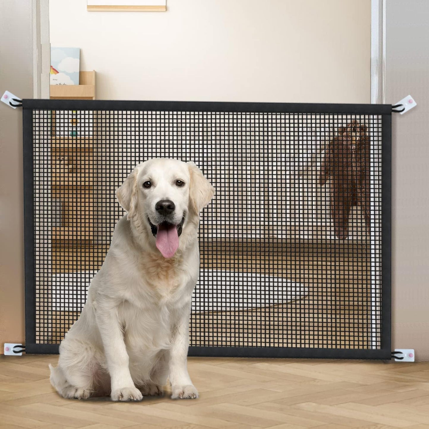 Dog Gate for Stairs Pet Gates for the House: Dogs Screen Mesh Gate for Doorways Stairways Indoor Safety, Black, 29''X38''