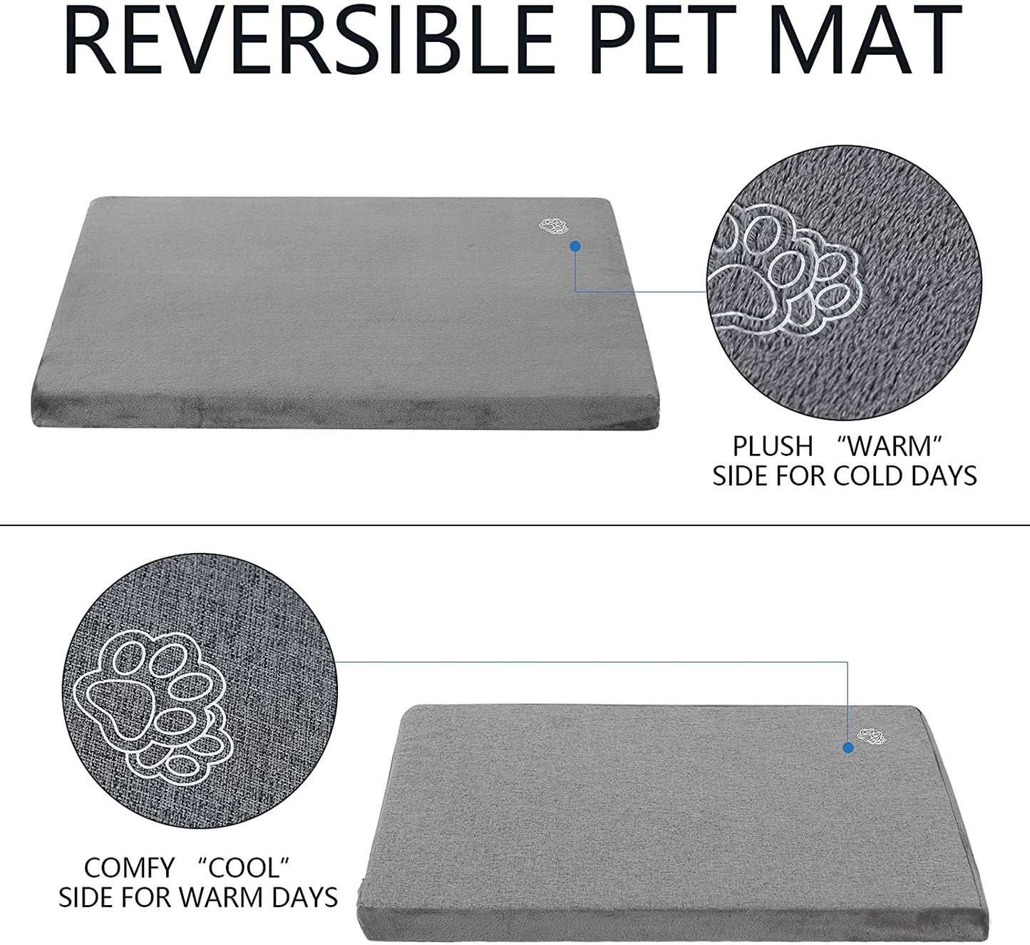 Stylish Dog Bed Mat Dog Crate Pad Mattress Reversible (Cool and Warm), Water Proof Linings, Removable Machine Washable Cover, Firm Support Pet Crate Bed for Small to Xx-Large Dogs, Grey