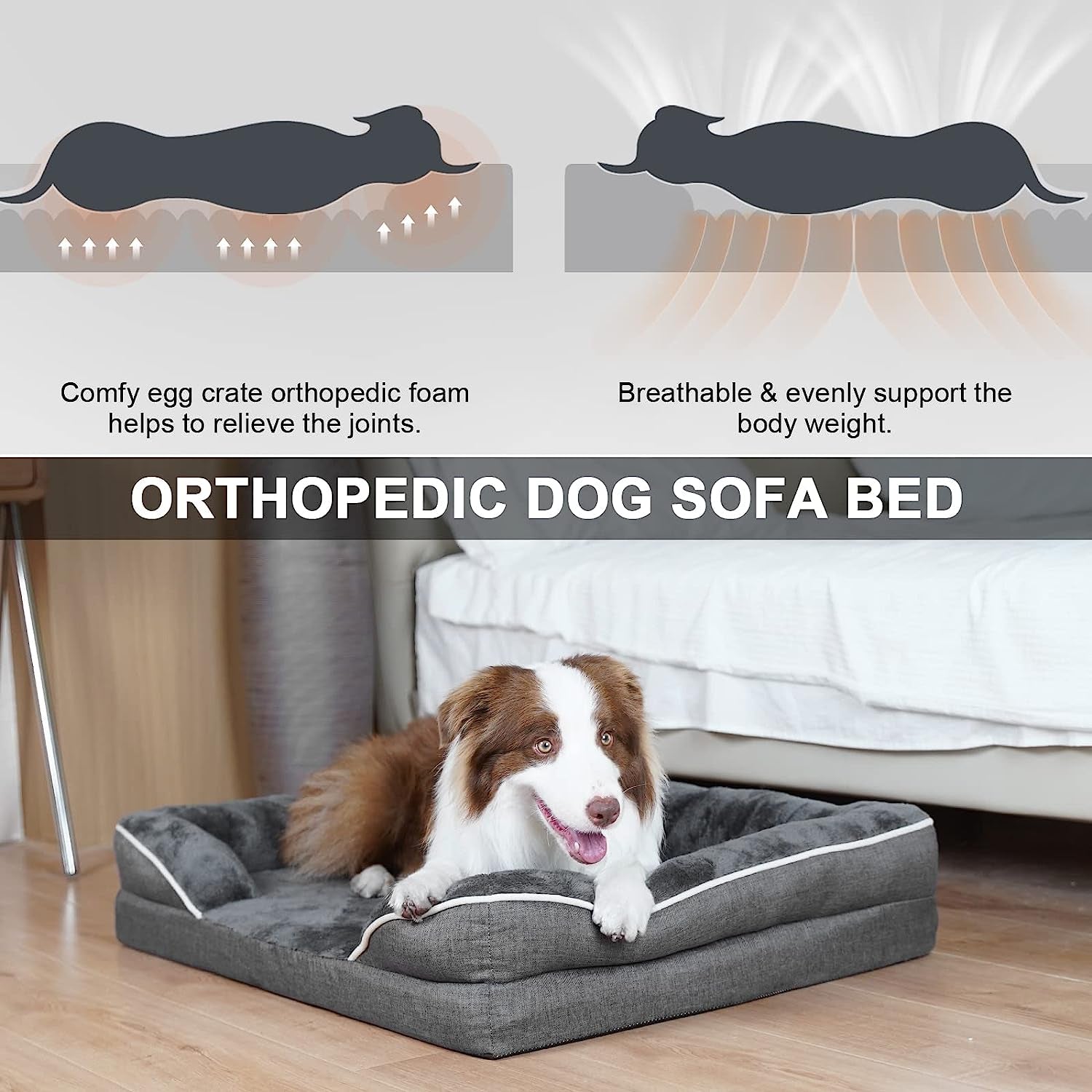 Dog Bed for Small Medium Dogs, Orthopedic Dog Sofa Bed Rectangle Pet Bed Washable Dog Bed Cozy Faux Fur Large Dog Bed Cushion, Dark Grey, Medium(72 * 53Cm)