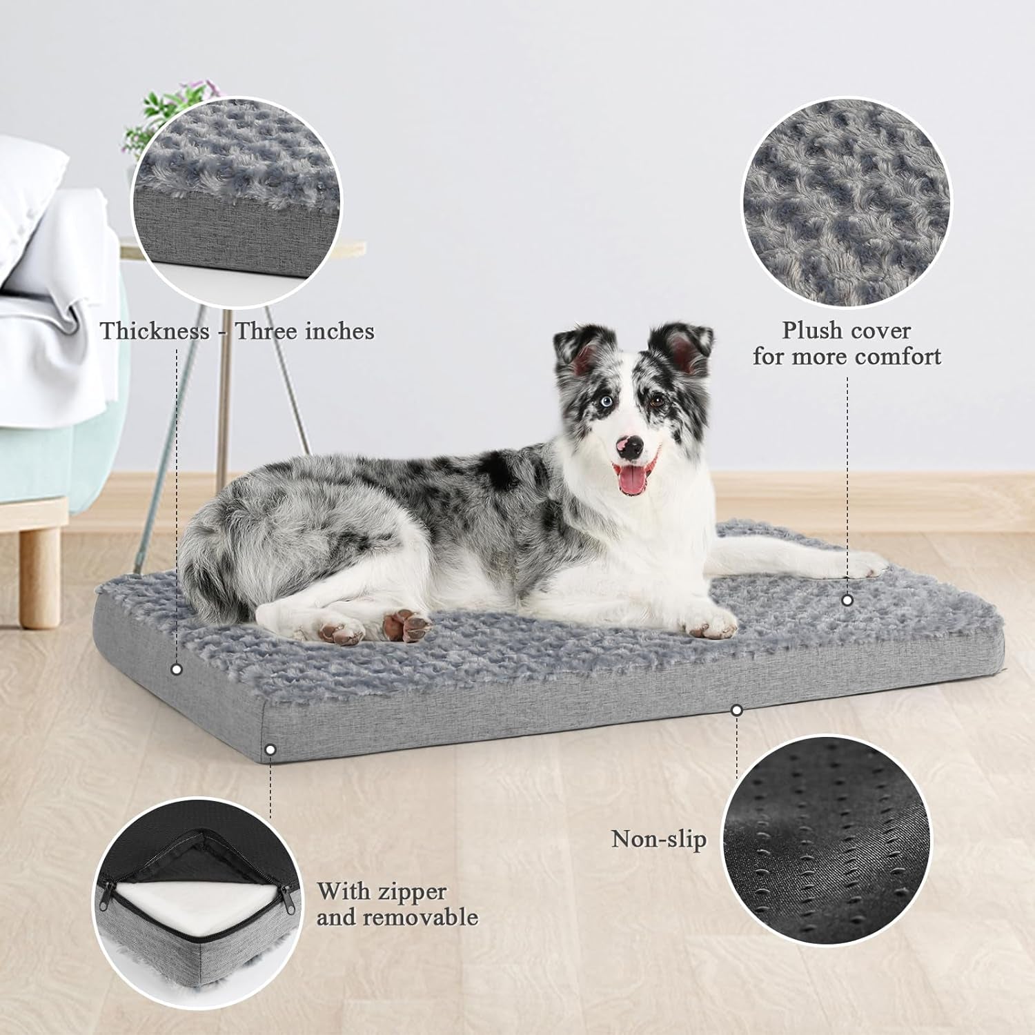 Dog Beds for Medium Large Dogs, Dog Crate Bed Washable Dog Bed Pad with Removeable Cover Faux Fur Surface, Orthopedic Pet Beds Dog Mattress Mat for Dogs up to 36KG, Grey, Xlarge