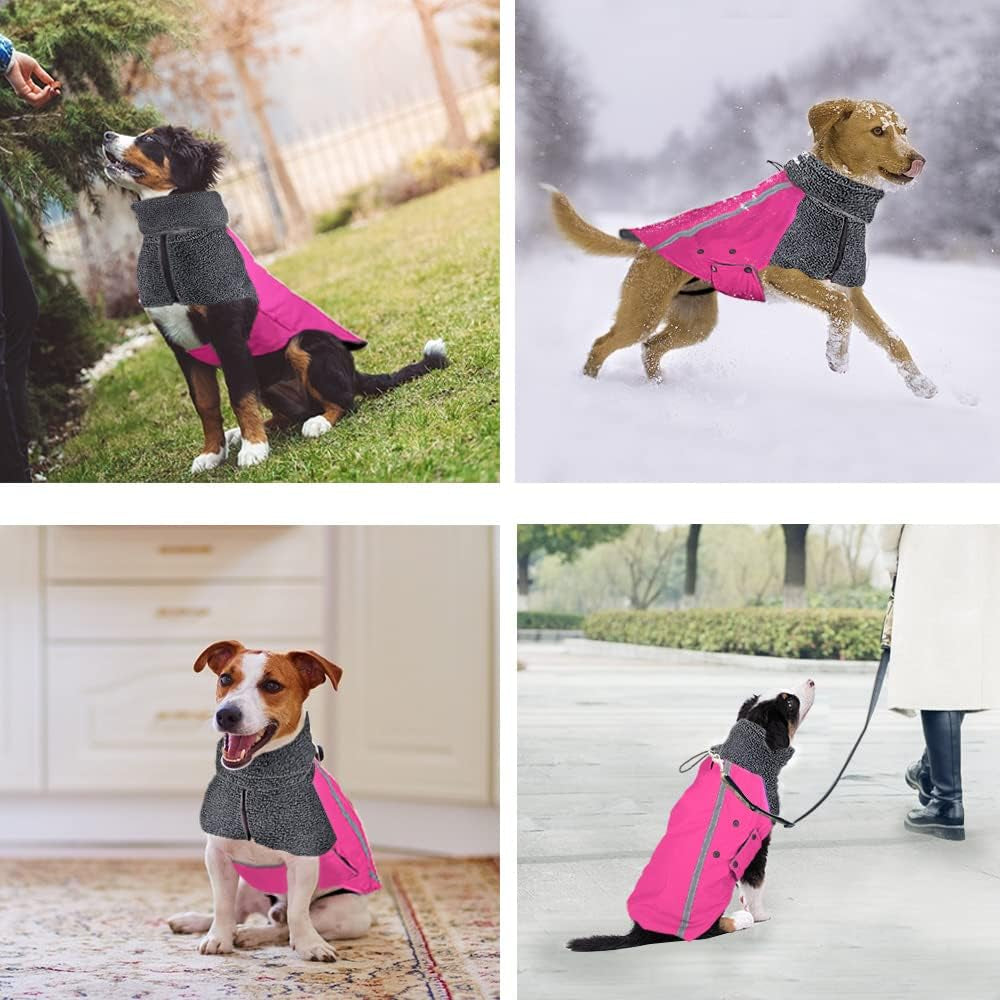 Winter Dog Coat, Warm Polar Fleece Lining Doggie Outdoor Jacket with Turtleneck Scarf Reflective Stripe Adjustable Waterproof Windproof Puppy Vest Soft Pet Outfits (M+, Rose Red)