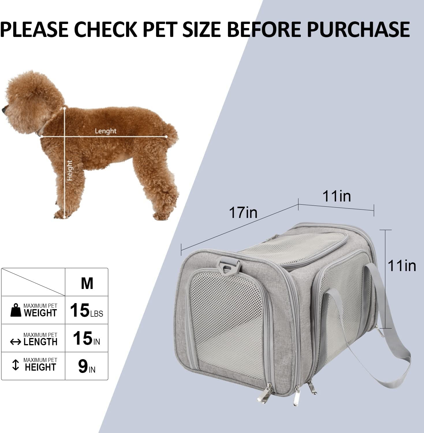 Cat Carriers Dog Carrier Pet Carrier for Small/Medium Cats Dogs Puppies (Up to 15Lbs), TSA Airline Approved Small Dog Carrier Soft Sided, Collapsible Waterproof Travel Puppy Carrier - Grey