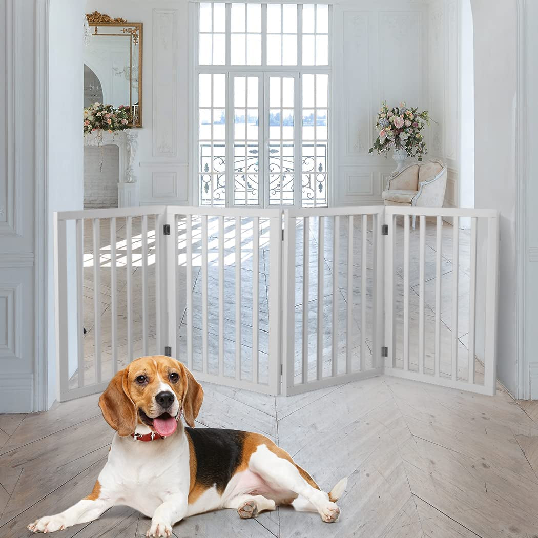 Portable Door Retractable Barrier 4-Panel Wooden Pet Fence White, Dog Gate Freestanding for Indoor Outdoor, Foldable Dog Gates for Doorways, No Drill Pet Barrier 185Cm X 60.5Cm