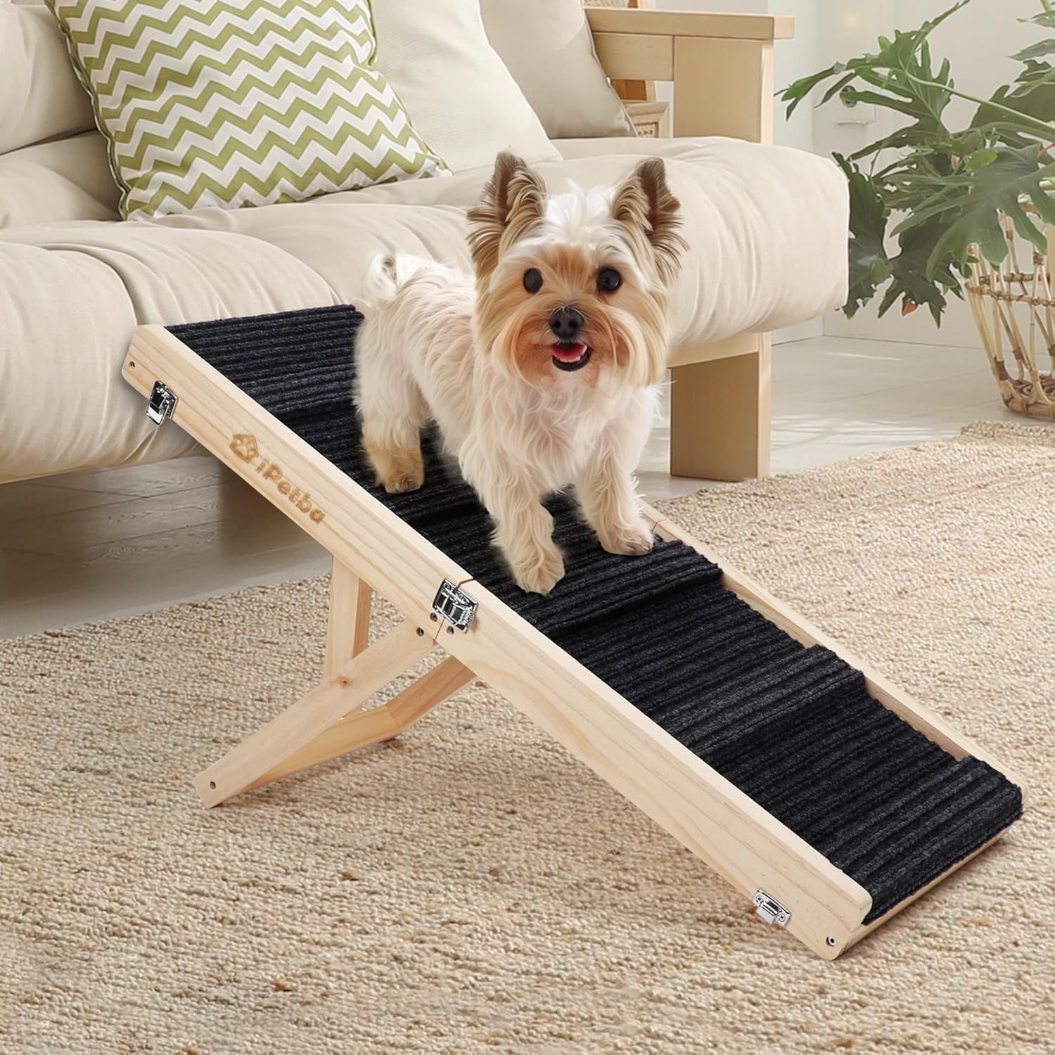 Adjustable Dog Ramp Folding Portable Wooden Pet Ramp for Small Dogs 31.5" Long from 9.5" to 18.5" with Non-Slip 5 Paw Traction Mat Doggie Cat Ramps for Bed Car Sofa Couch (Up to 50 Lbs)