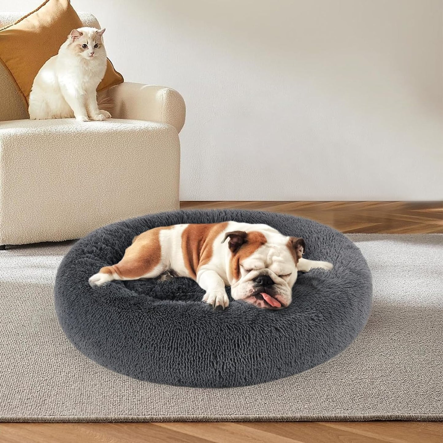 Dog Calming Donut Bed, Fluffy Plush Pet Bed Pillow Sofa Bed for Puppy Small Dogs Cats, anti Anxiety Pet Bed Cuddle round Cushion with Non-Skid Bottom Washable, 60CM, Deep Grey