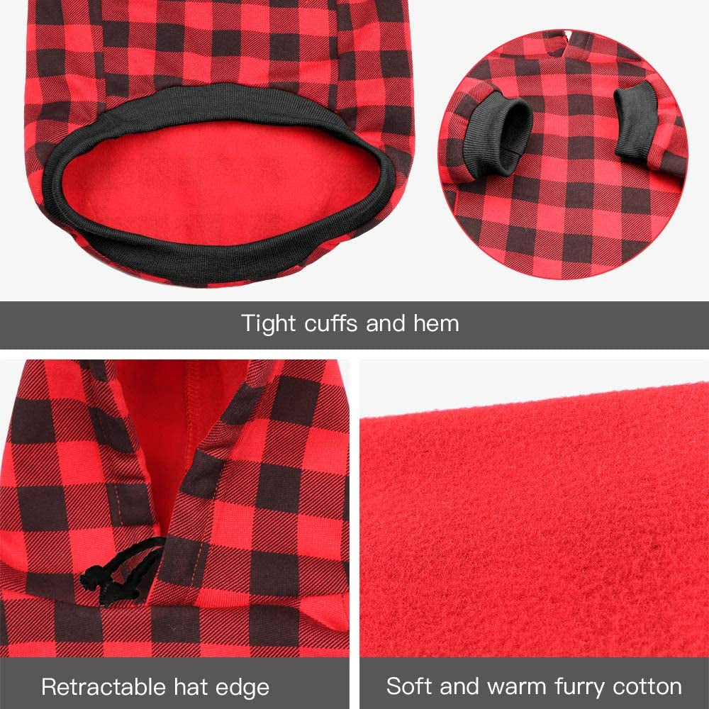 Red Plaid Dog Hoodie Sweater for Dogs Pet Clothes with Hat and Pocket（S）