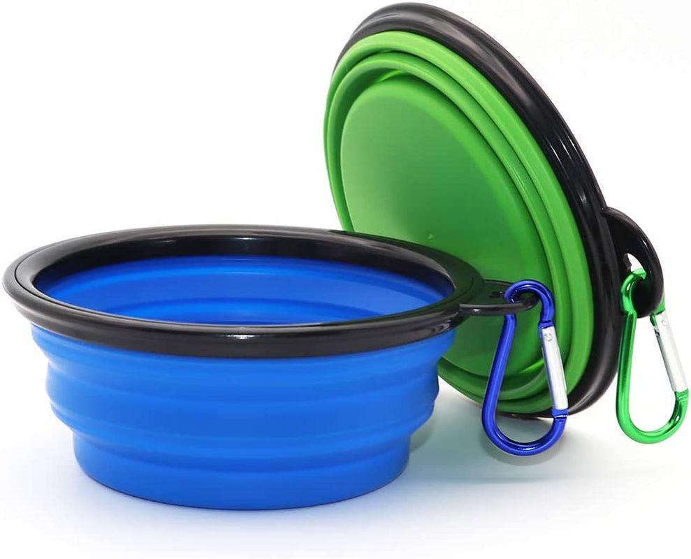 Collapsible Dog Bowl, 2 Pack Collapsable Dog Water Bowls for Cats Dogs, Portable Pet Feeding Watering Dish for Walking Parking Traveling with 2 Carabiners (Small, Blue+Green)