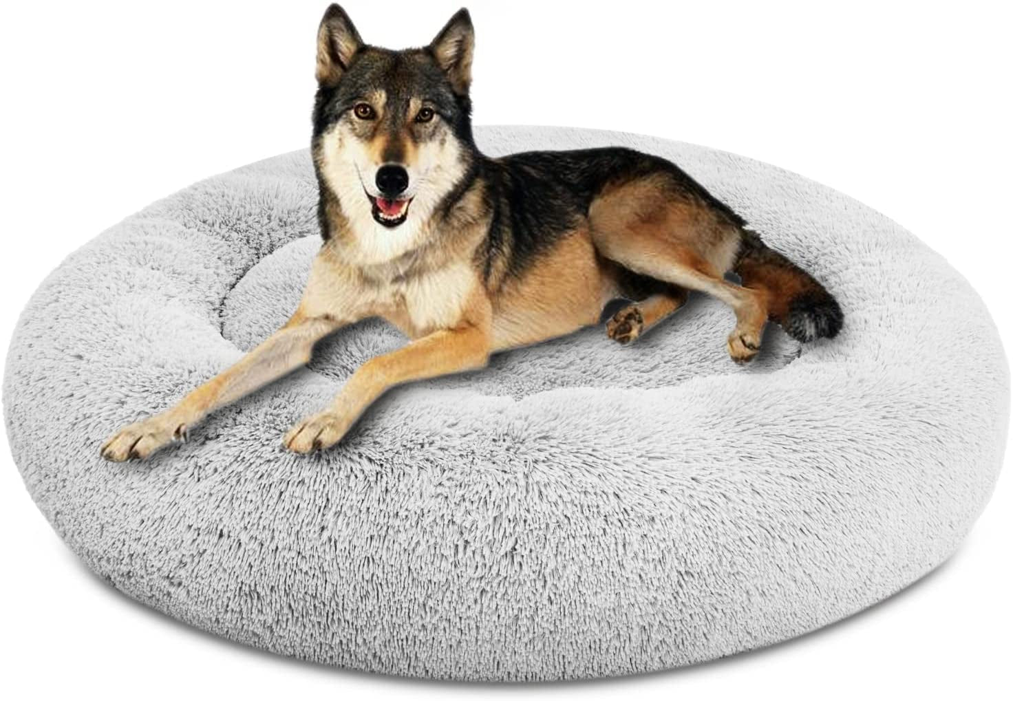 Calming Dog Bed, anti Anxiety Dog Bed, Plush Donut Dog Bed for Small Dogs, Medium, Large & X-Large, Soft Fuzzy Comfy Dog Bed in Faux Fur, Washable Cuddler Pet Bed, Multiple Sizes XS-XL (X-Large | 110Cm, Light Grey)