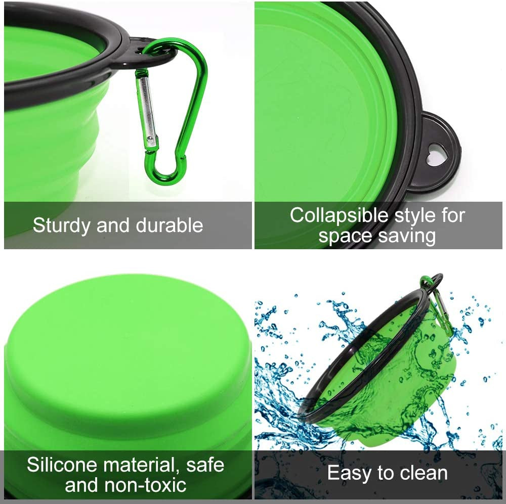 Collapsible Dog Bowl, 2 Pack Collapsable Dog Water Bowls for Cats Dogs, Portable Pet Feeding Watering Dish for Walking Parking Traveling with 2 Carabiners (Small, Blue+Green)