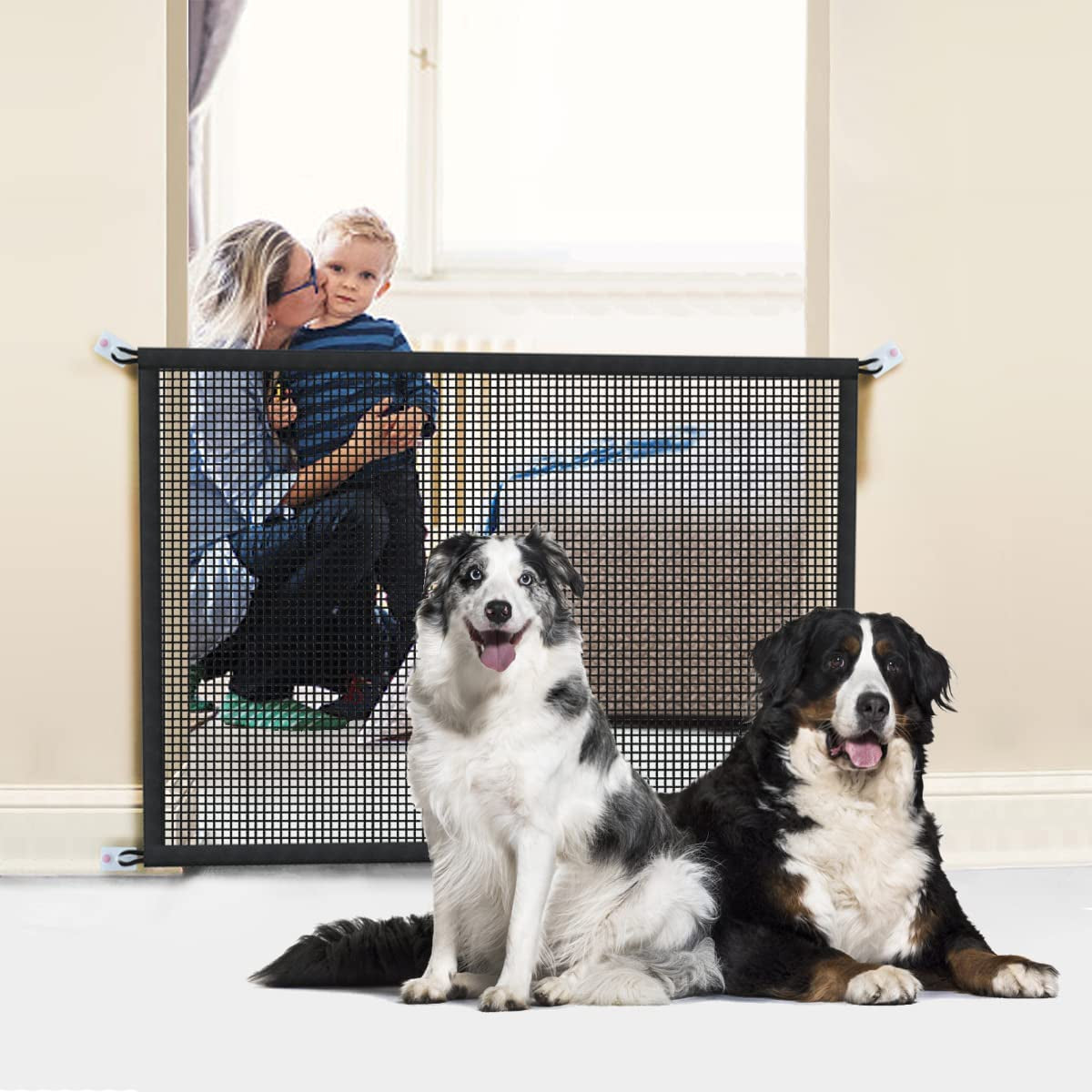 Dog Gate for Stairs Pet Gates for the House: Dogs Screen Mesh Gate for Doorways Stairways Indoor Safety, Black, 29''X38''