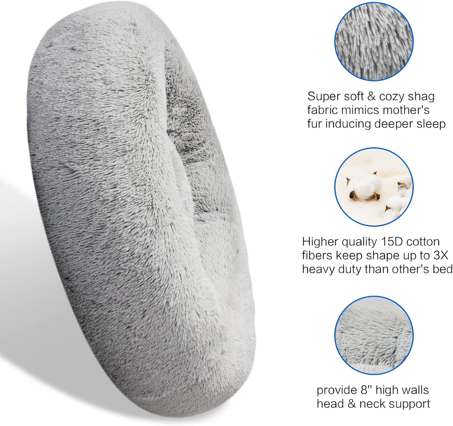 Calming Dog Bed, anti Anxiety Dog Bed, Plush Donut Dog Bed for Small Dogs, Medium, Large & X-Large, Soft Fuzzy Comfy Dog Bed in Faux Fur, Washable Cuddler Pet Bed, Multiple Sizes XS-XL (X-Large | 110Cm, Light Grey)