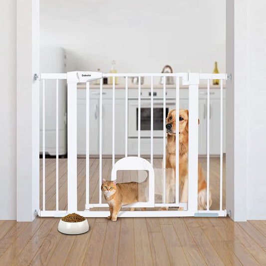 Upgraded Baby Gate with Cat Door, 73.7-109 CM Auto Close Durable Dog Gate for Stairs, Doorways and House, Easy Walk Thru Safety Gate with Pet Door Includes 4 Wall Cups, White